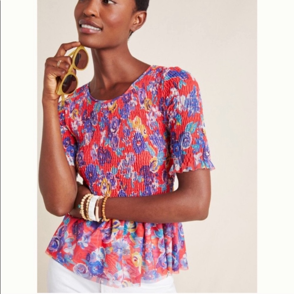 Anthropologie Red and Blue Floral Blouse